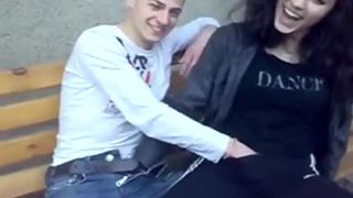 Teen threesome fun on a bench in public